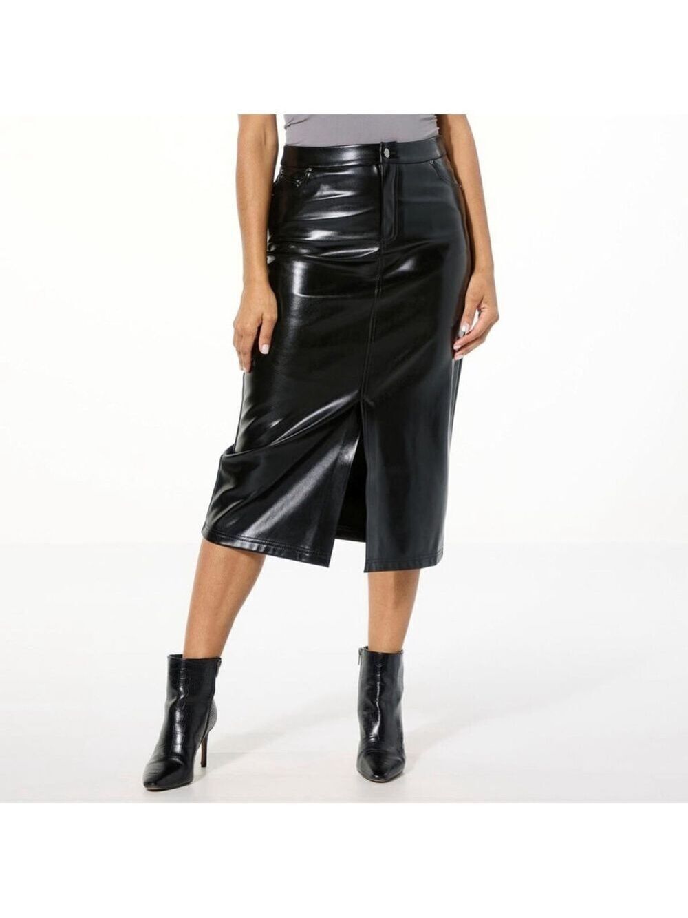 Colleen Lopez Black Faux Leather Midi Pencil Skirt with Slit Medium NWT